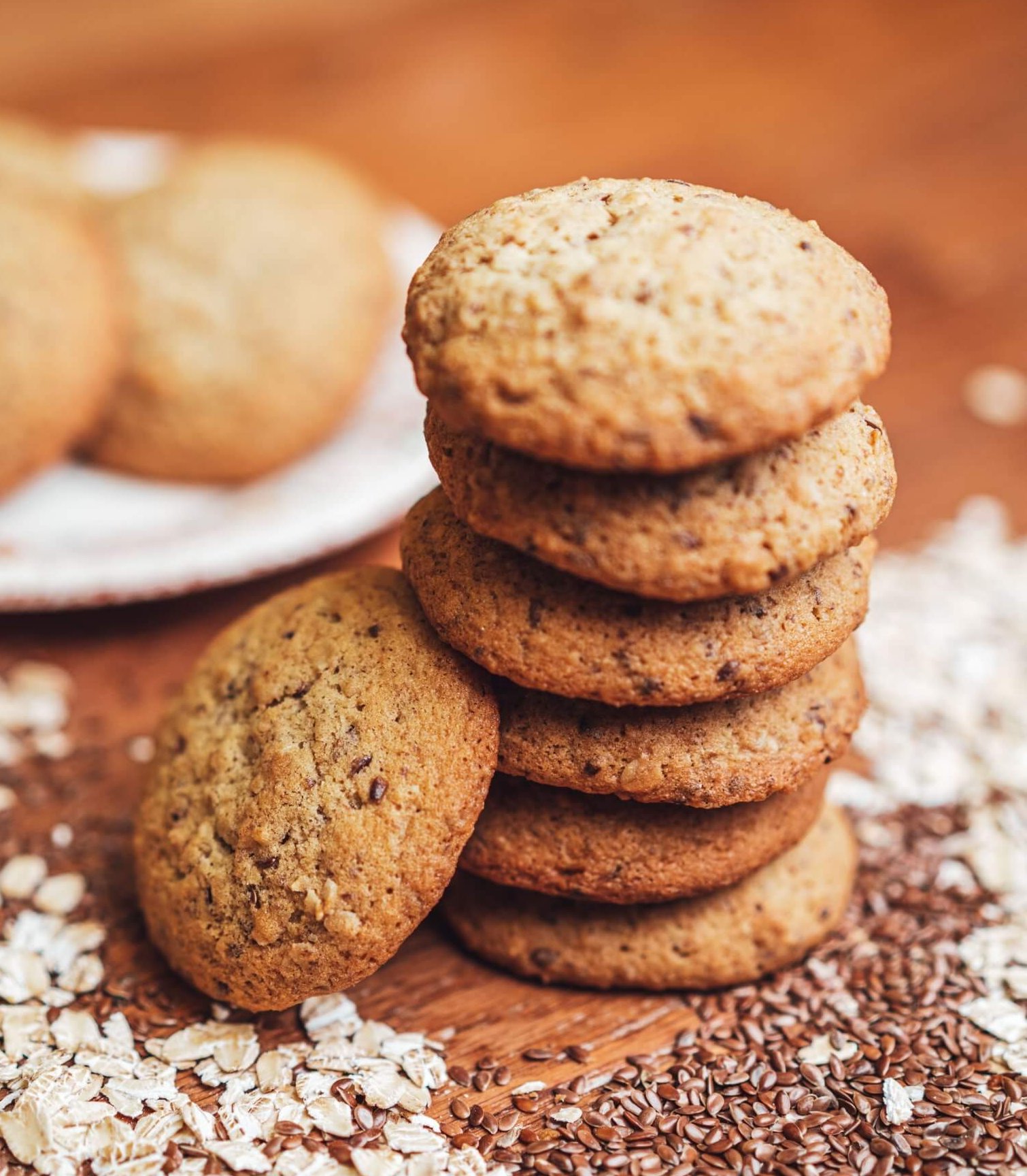Stack of healthy oatmeal cookies with flax made by a Canadian baker