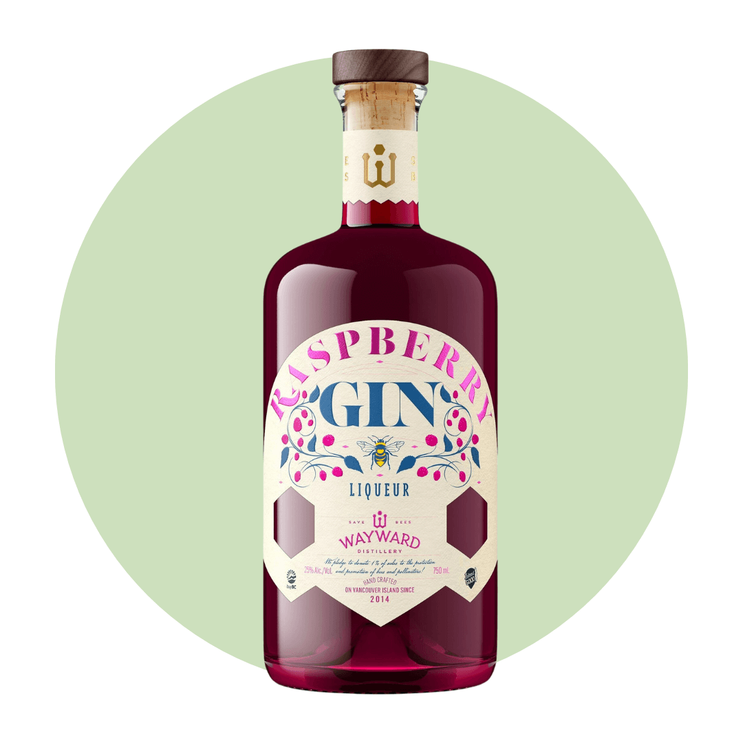 A bottle of raspberry liqueur on a light green circle