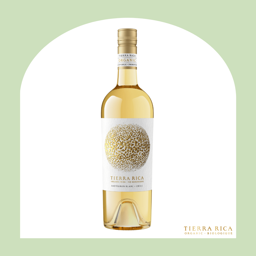 A bottle of white wine in a light green frame.