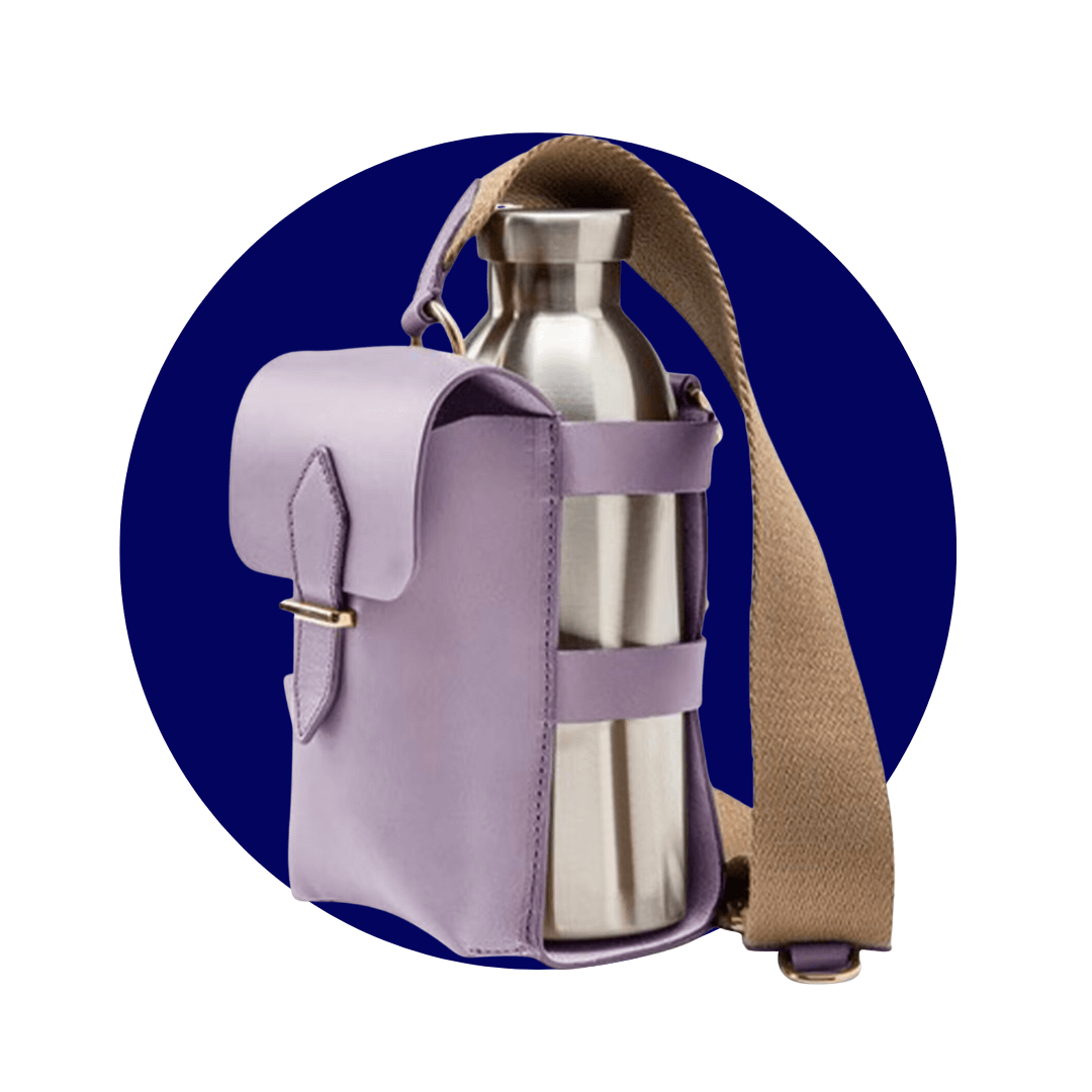 A small purple leather bag with a brown strap and steel water bottle on a dark blue circle graphic