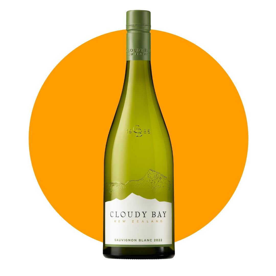 A green bottle with a cream label on an orange circle graphic
