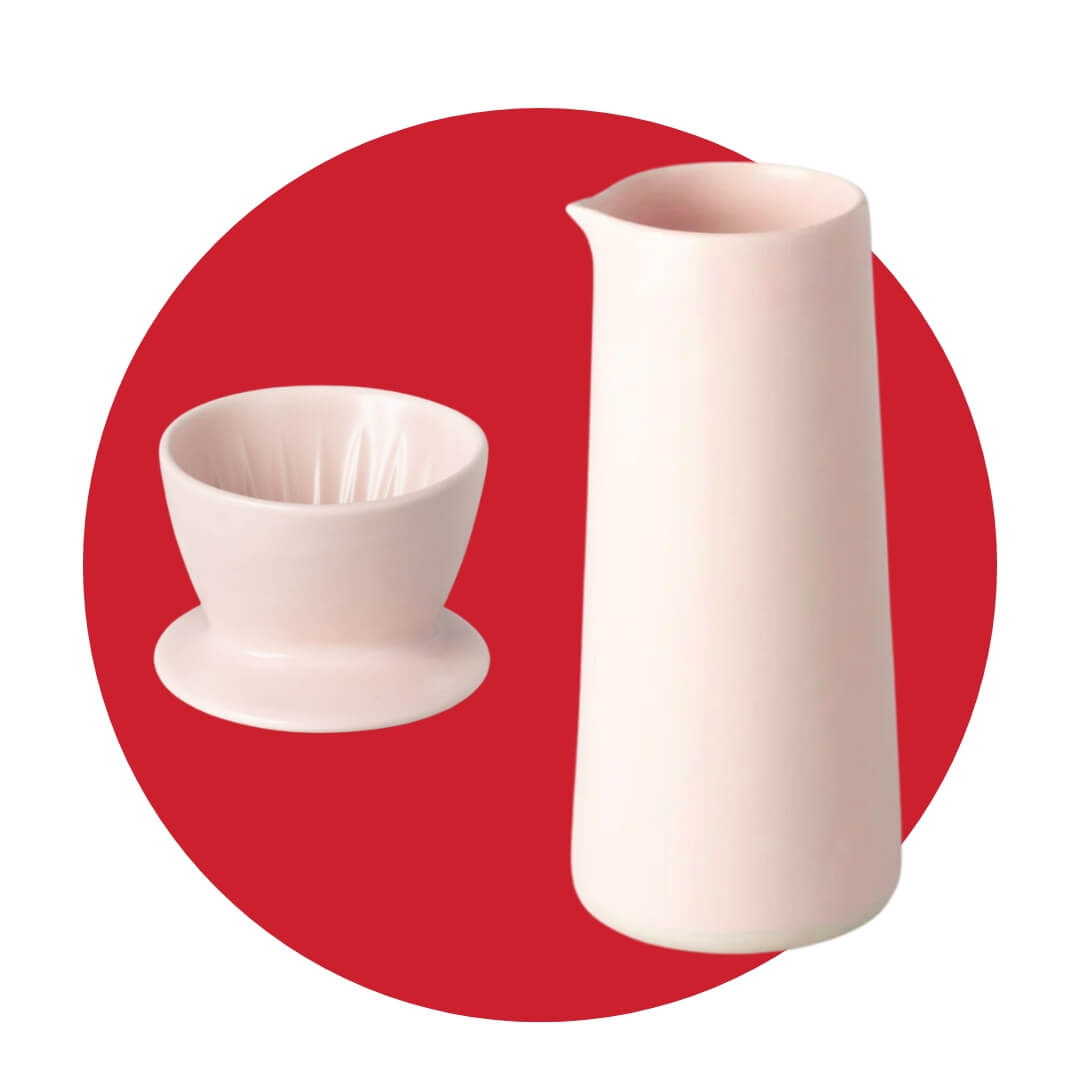 A light pink carafe and coffee dripper on a red circle graphic