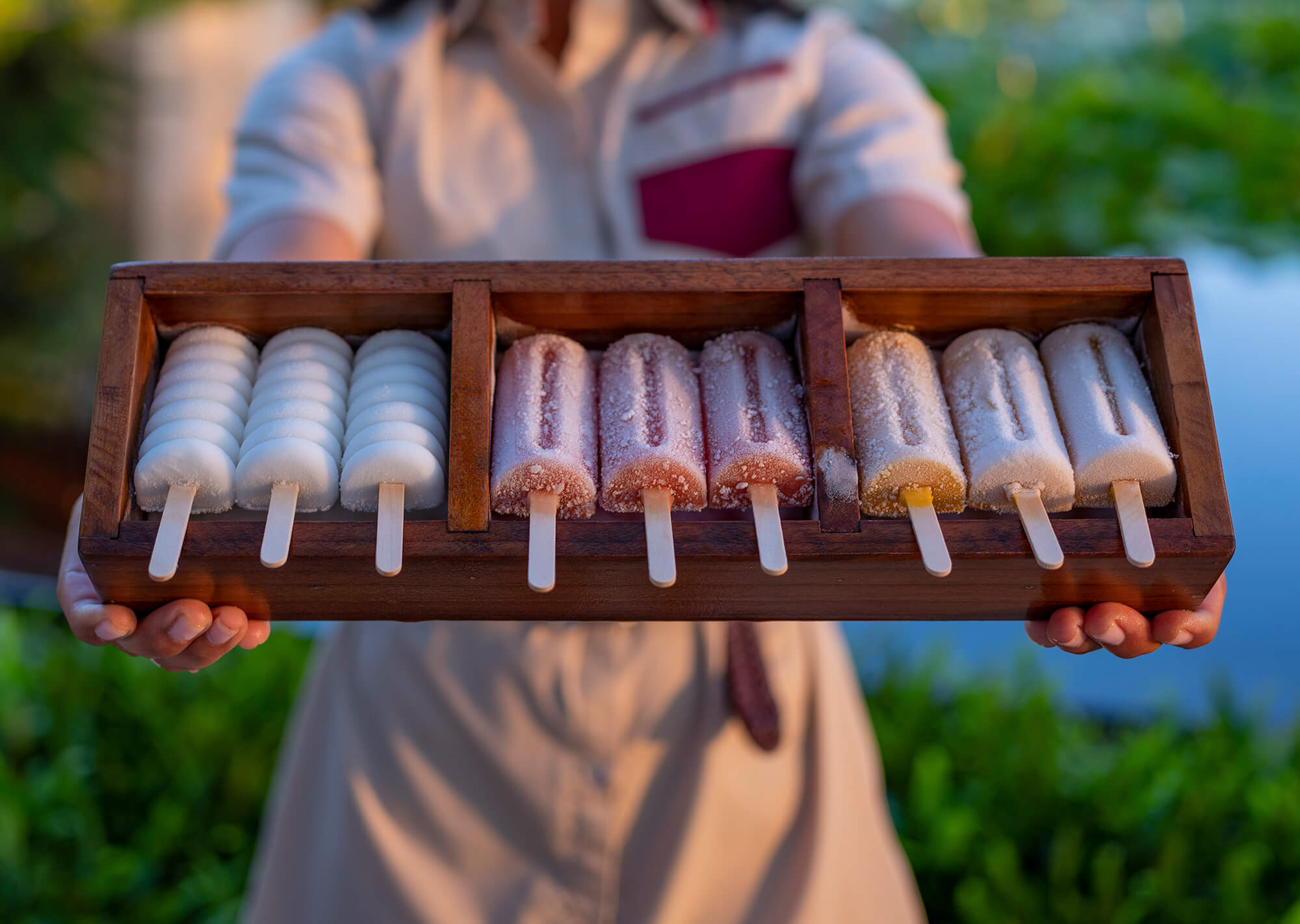 A person holding a wooden box with three compartments holding a variety of popsicles
