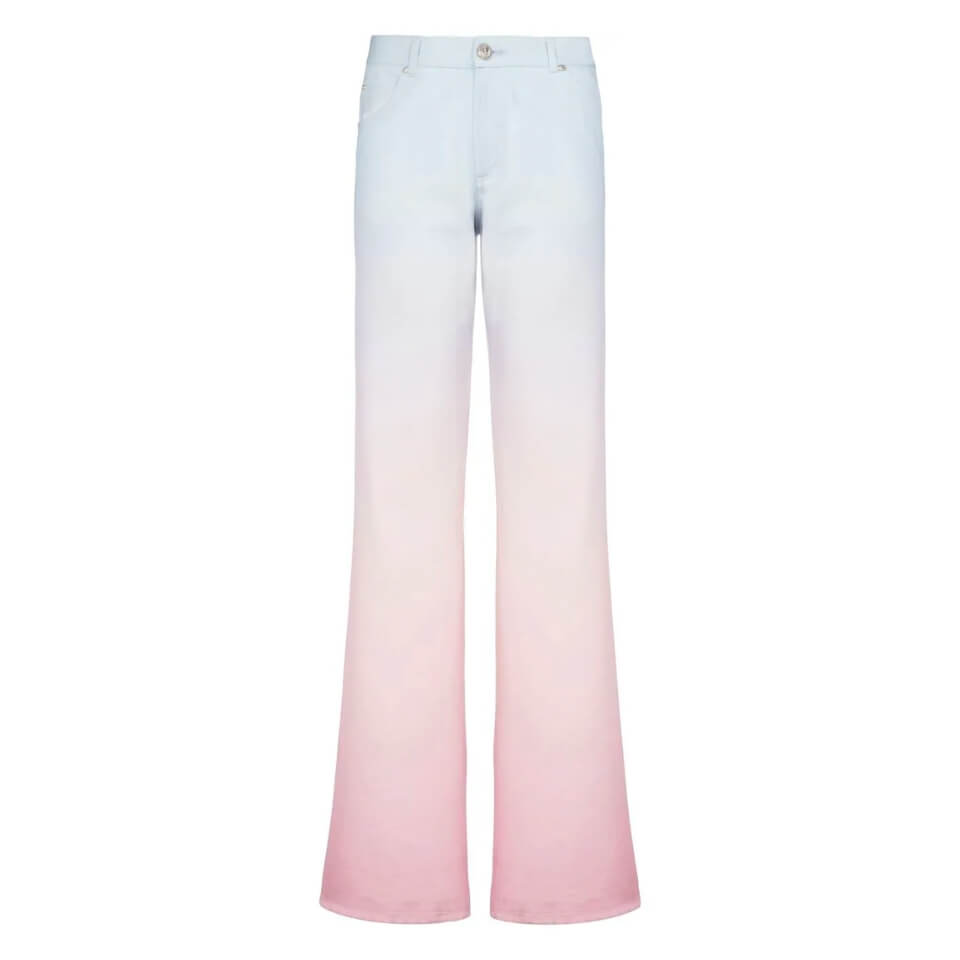 A pair of flared jeans in blue and pink ombre