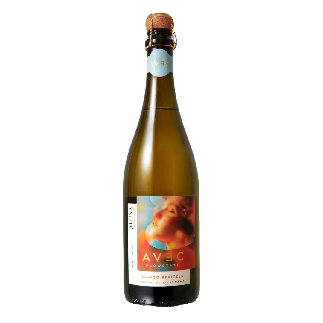 Light green bottle of non-alcoholic mango spritzer with a cork. 