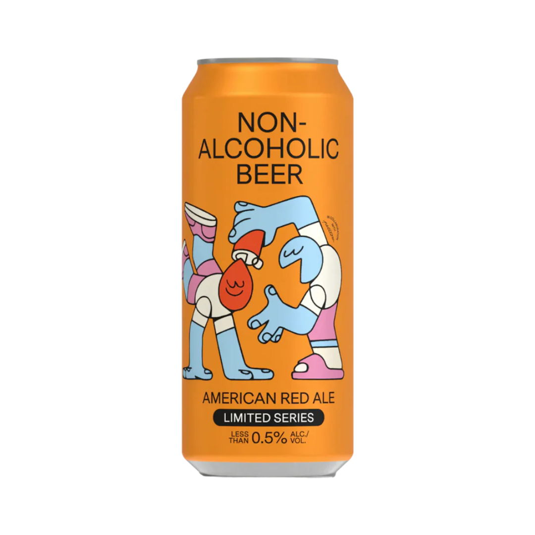 A slim orange can of non-alcoholic beer. 