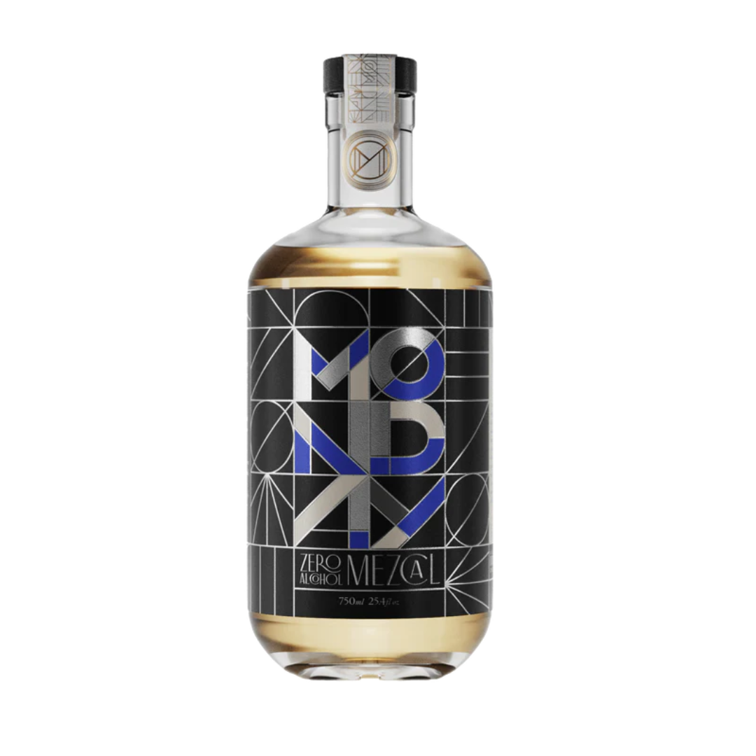 Clear bottle of light yellow liquid and a black label. 