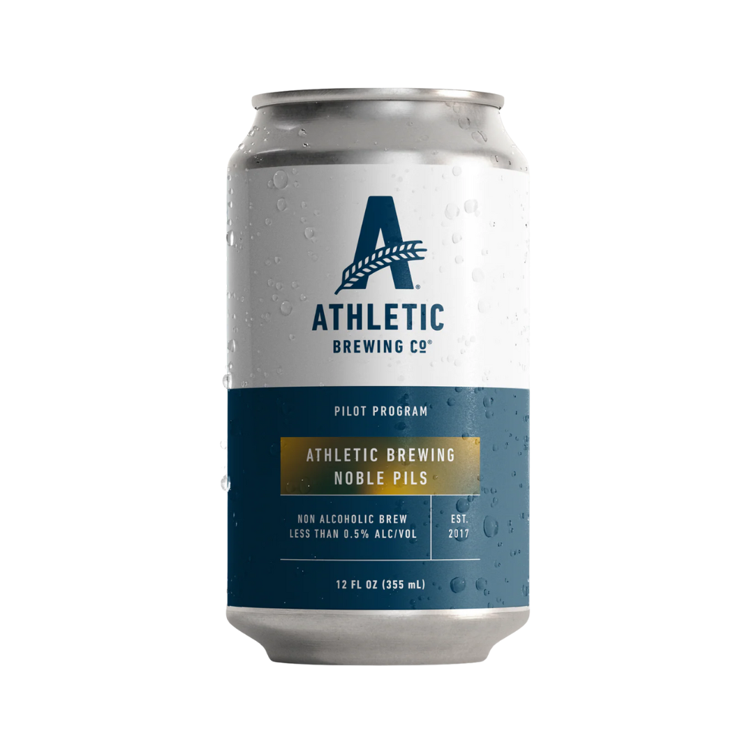 A white and blue can of non-alcoholic beer. 
