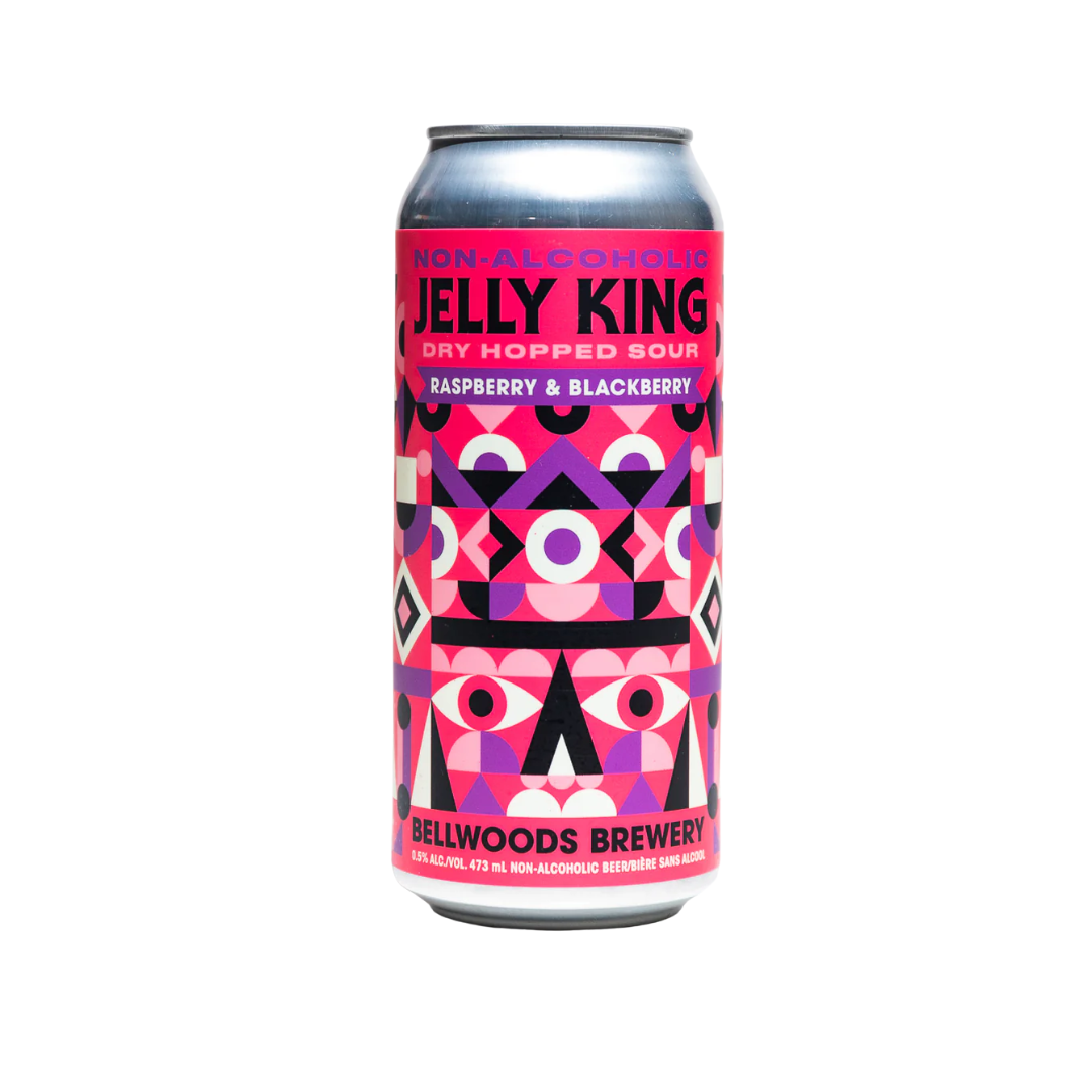 Slim silver can of non-alcoholic beer with a pink and purple label. 