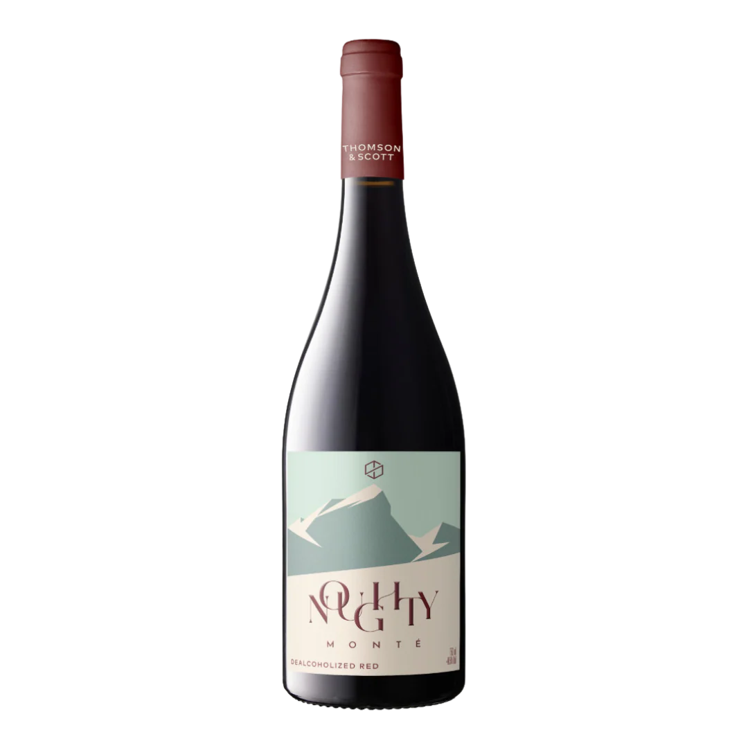 Black bottle of de-alcoholized wine with red seal.