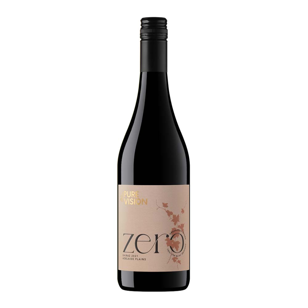 Black bottle of wine with a light pink label. 