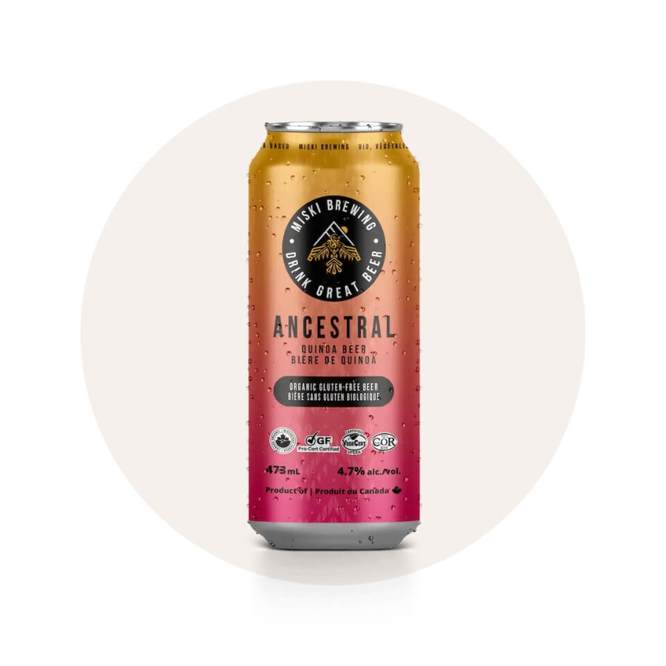 An orange and pink can in a cream-coloured circle