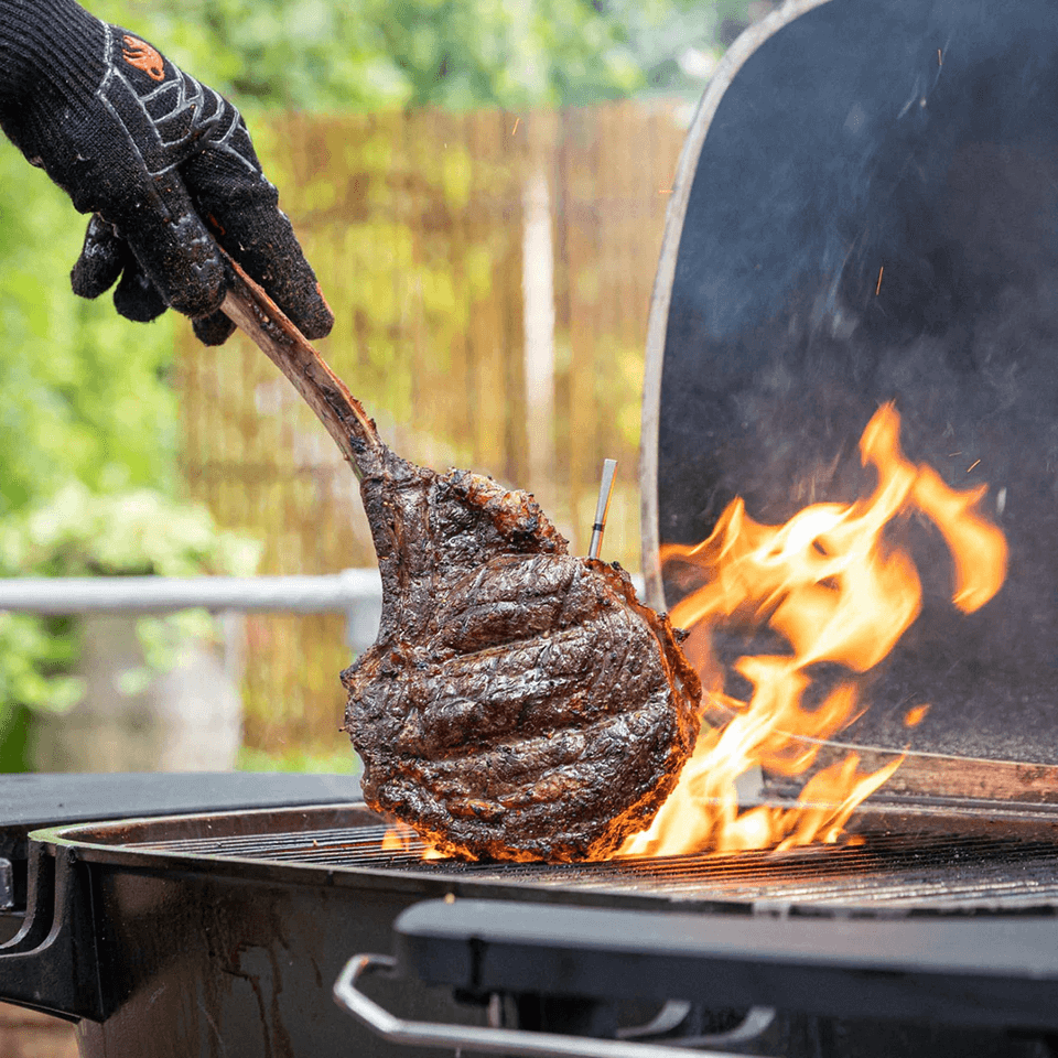 A person's hand holding a piece of meat with a meat thermometer in it over the grill