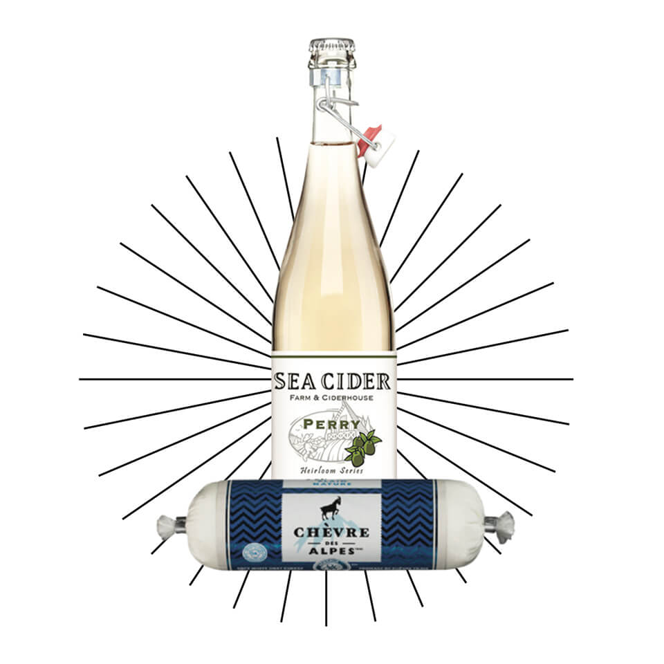 French Chevre des alpes goat cheese pairs with a bottle of Sea Cider perry cider, a cider made on Vancouver Island