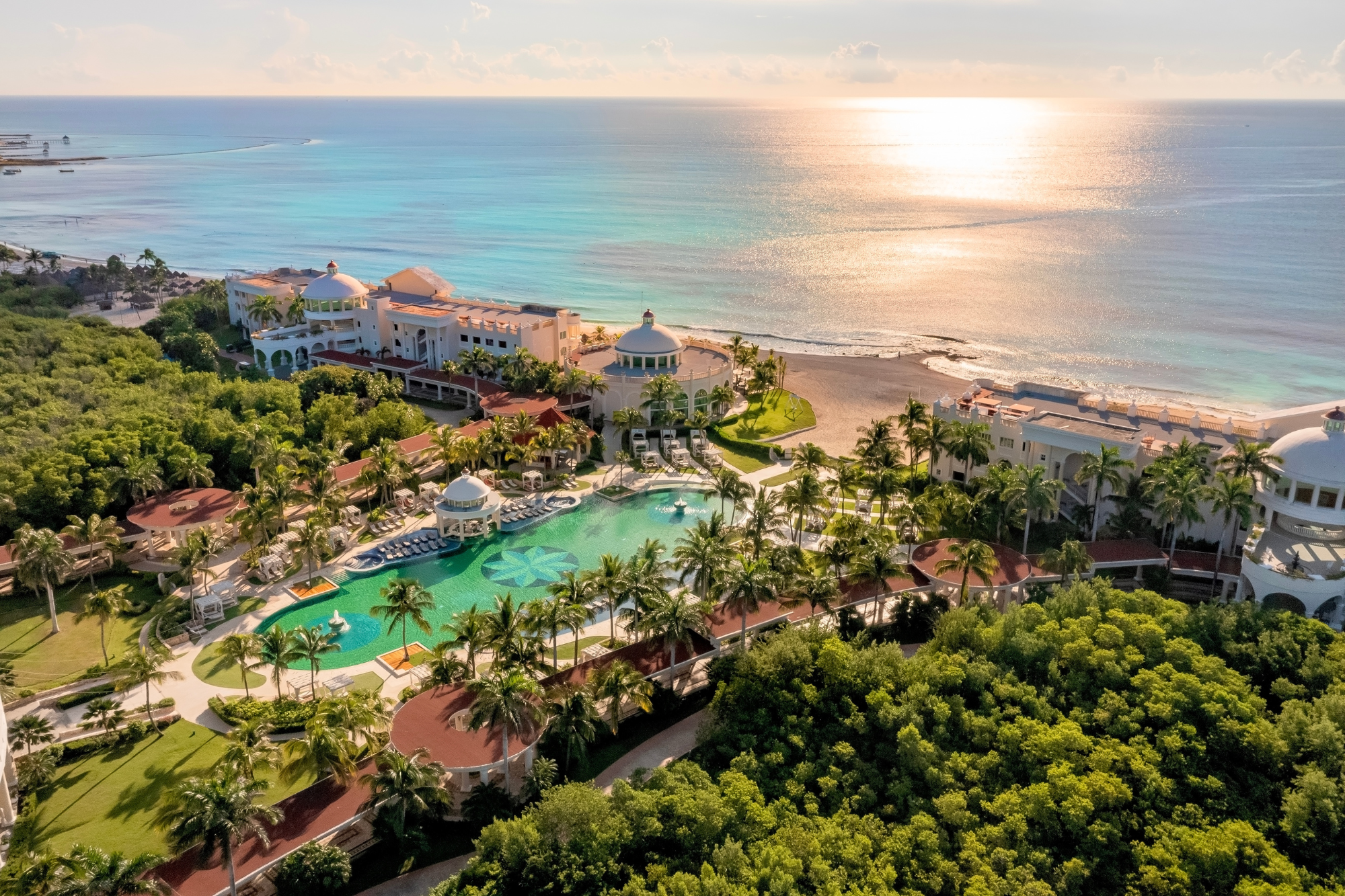 Overhead Iberostar image at sunset with gorgeous pool