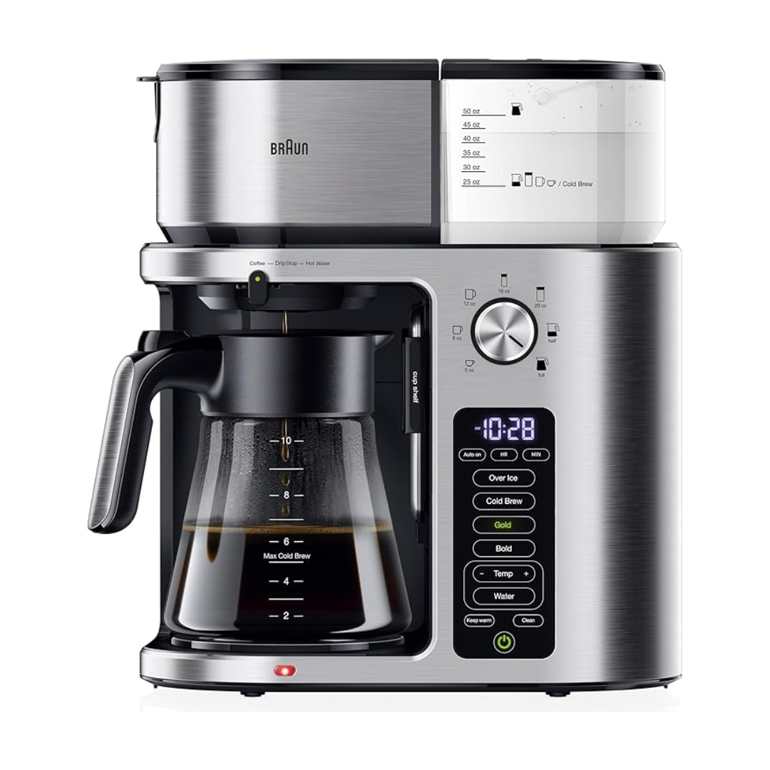 Silver coffee maker filling up a pot of coffee.