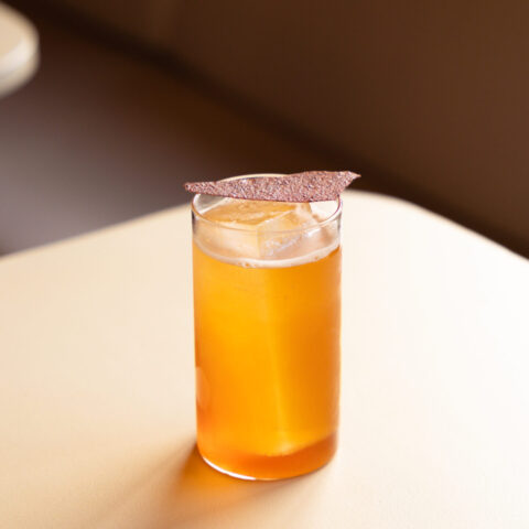 Tall glass of an amber cocktail over ice, garnished with a crisp dried fruit slice, set on a minimalist tabletop with soft, warm light.