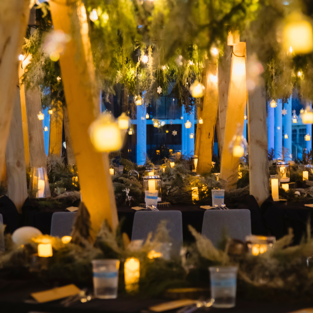 A restaurant interior with decorative plants and hanging lights strewn across the ceiling. 
