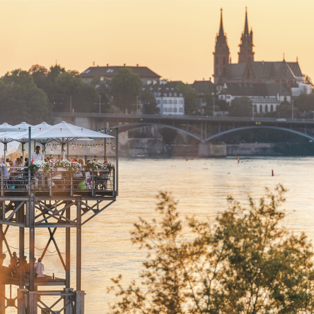 A restaurant overlooking the Rhine River in Basel.