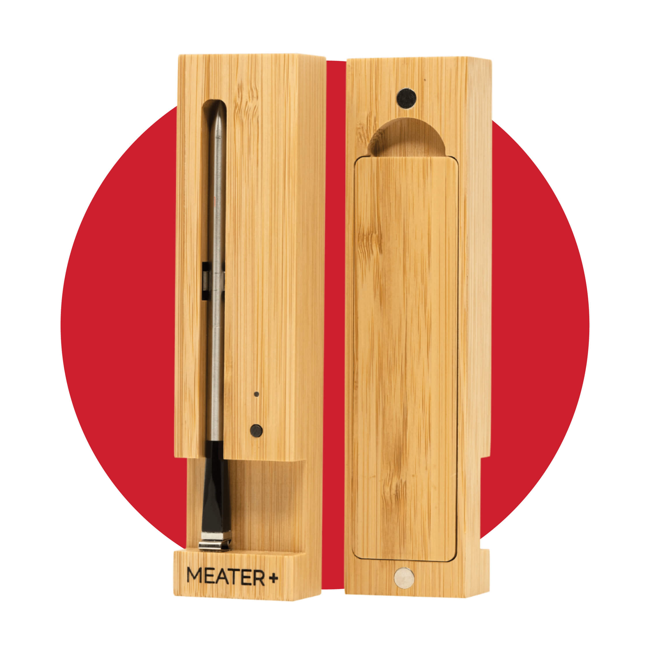 The front and back of a thermometer on a red circle