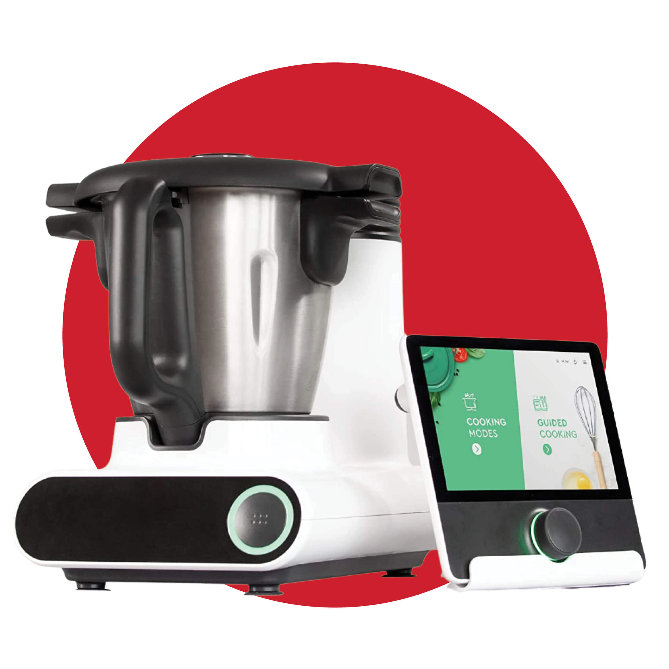 An appliance with a separate screen on a red circle