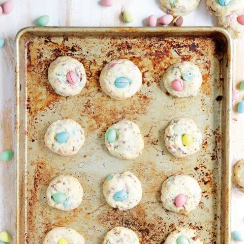 Mini Egg Shortbread Cookies on a baking sheet