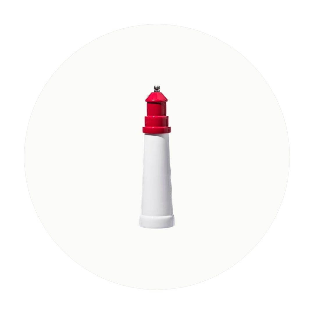 A small red and white lighthouse on an off-white circle graphic