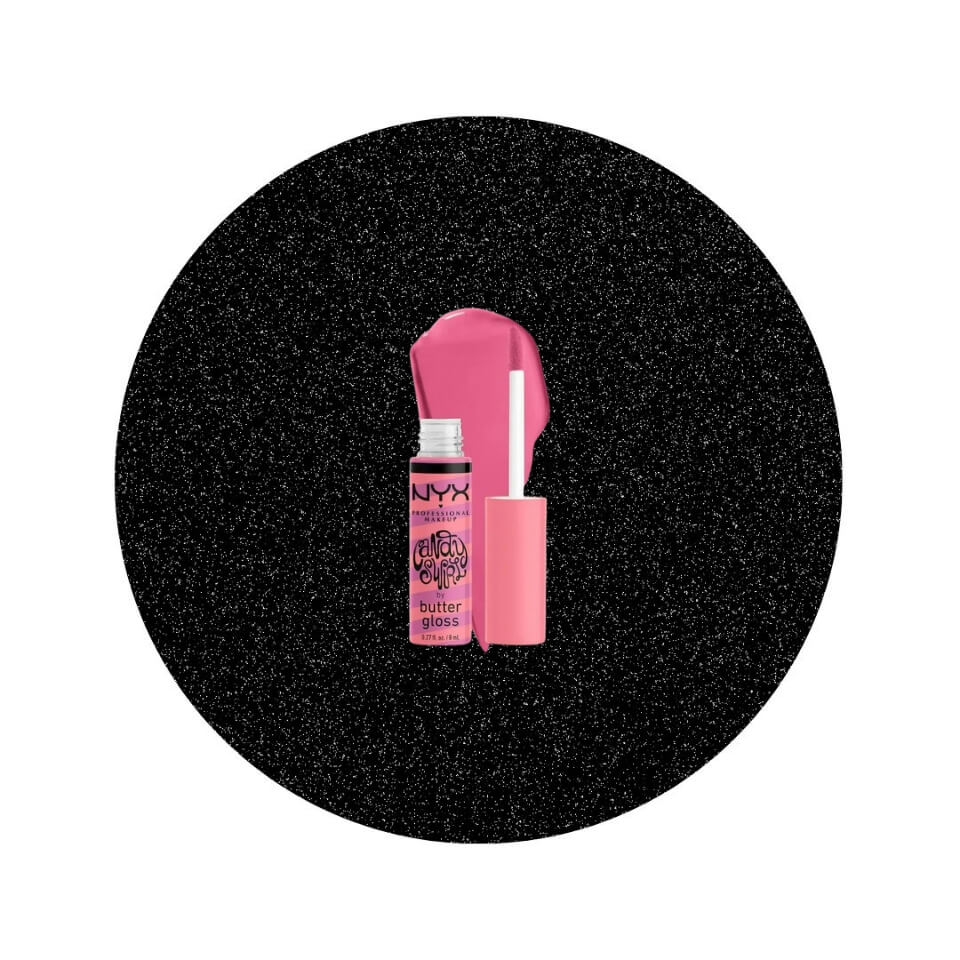 A pink lip gloss in a sparkly black circle