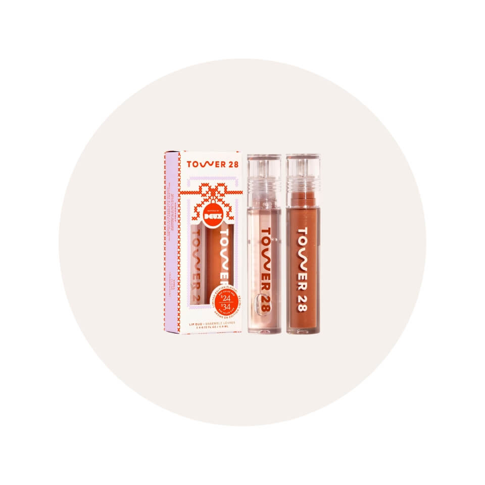 Two lip glosses and a box in a cream-coloured circle