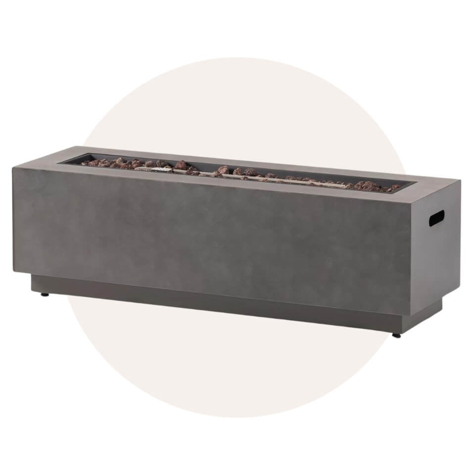 A regtangular concrete fire pit over a cream circle