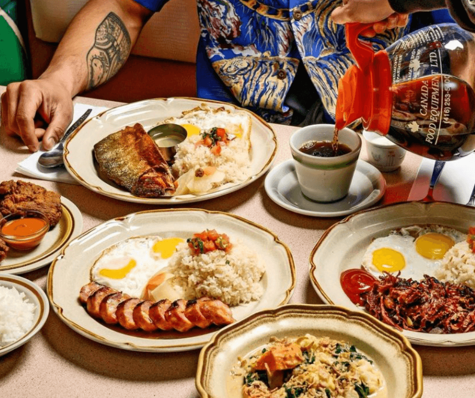 breakfast table with person and coffee being poured