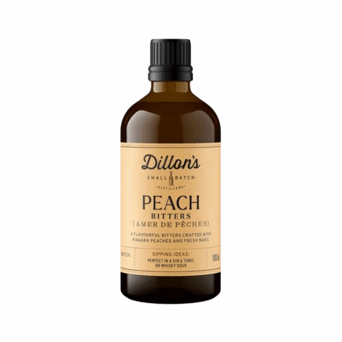A bottle of bitters with a peach-coloured label reading "Peach Bitters."