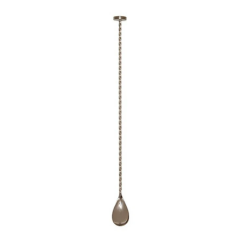 Stainless steel bar spoon with a muddler base.