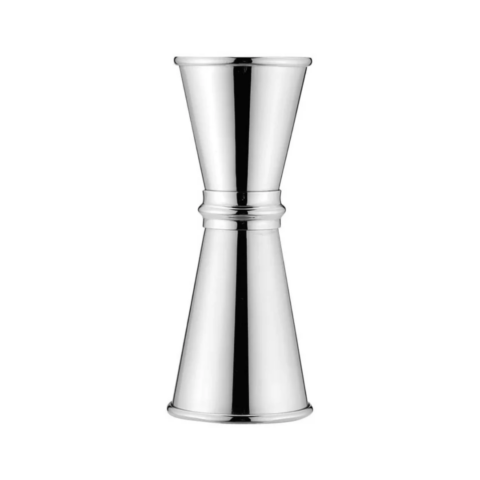 Silver Japanese jigger for measuring cocktail ingredients.
